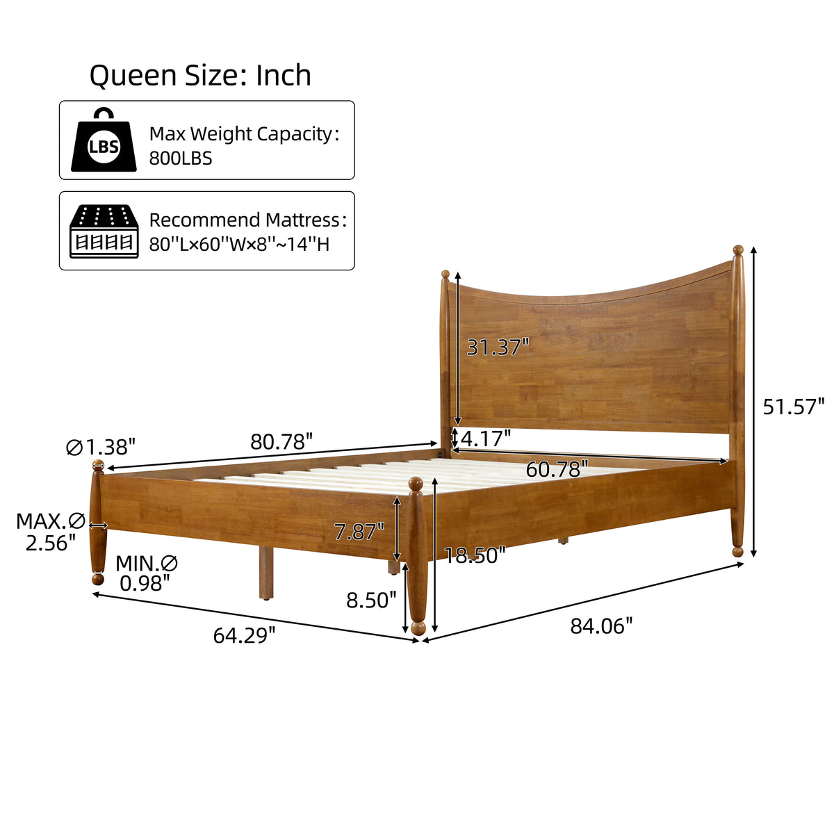 Classic Transitional Queen Size Solid Wood Platform Bed Frame