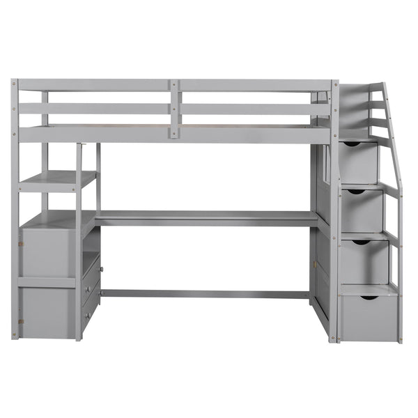 Loft Bed With Desk, Shelves, 2 Drawers, Storage Staircase