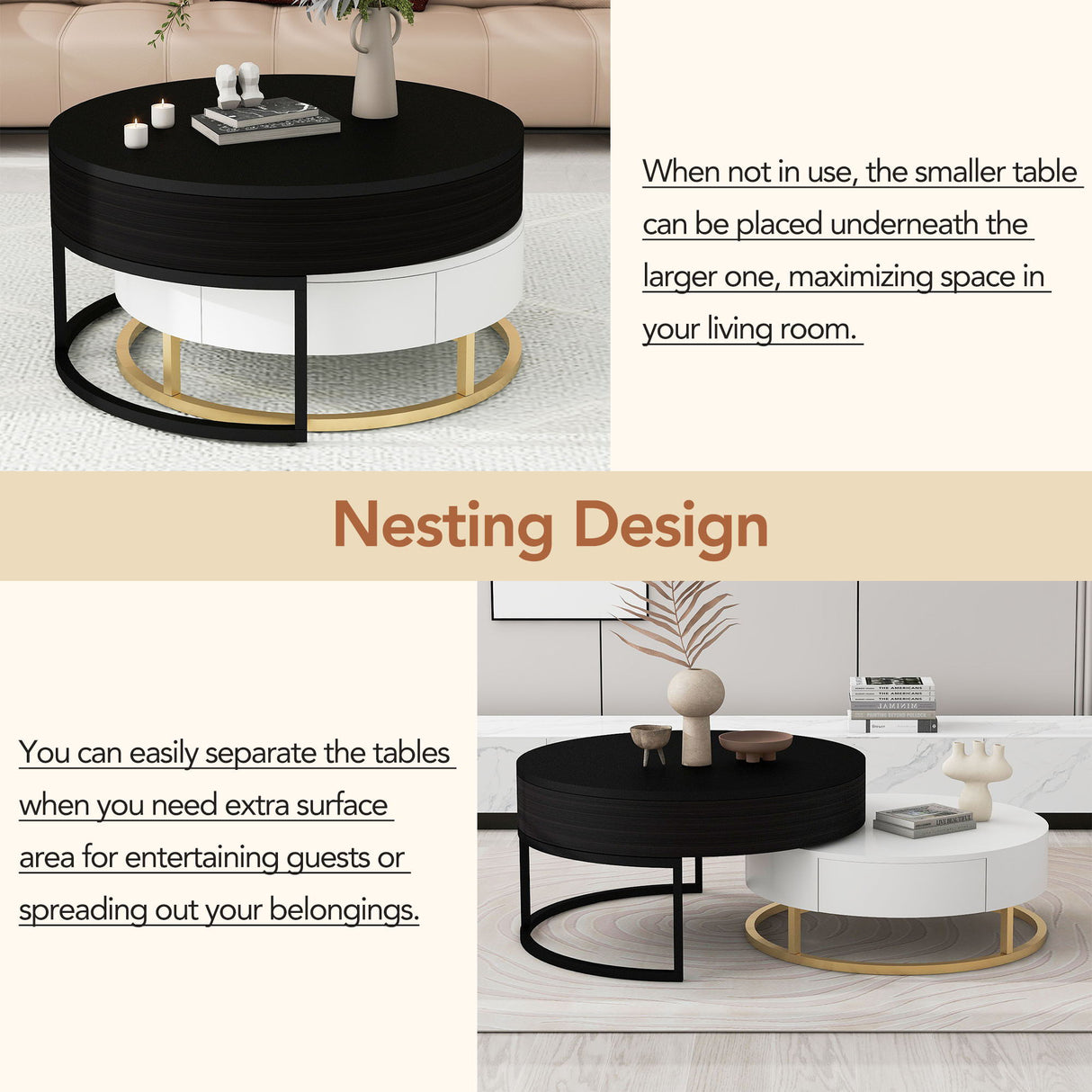 Modern Round Lift-Top Nesting Coffee Tables With 2 Drawers