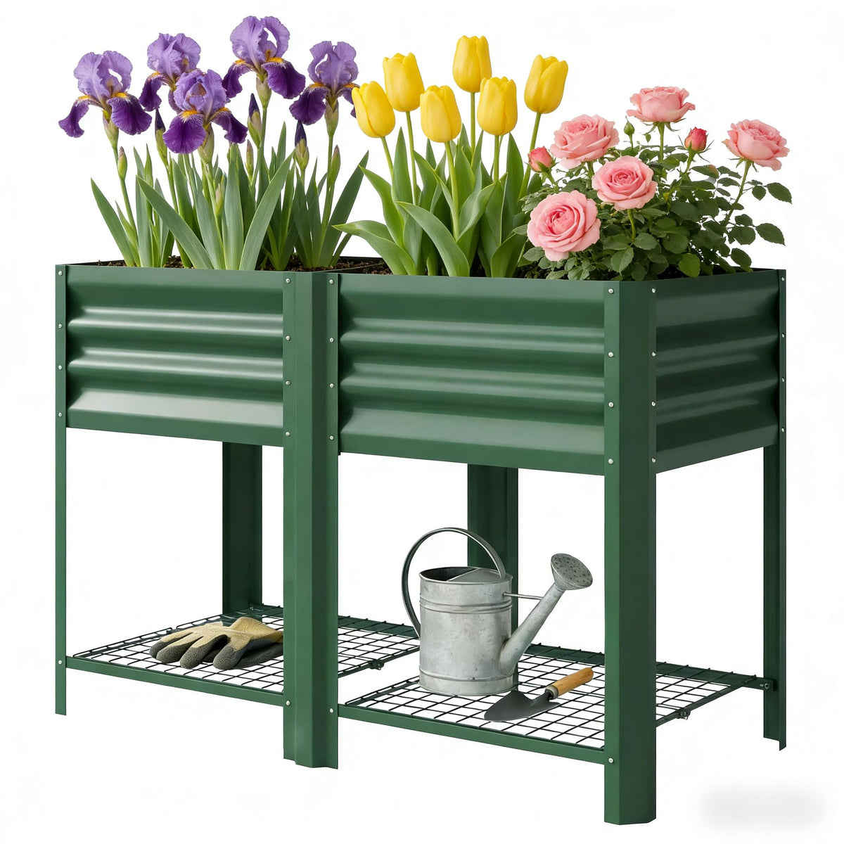 Outdoor Elevated Planter Box with Storage Shelf - Green