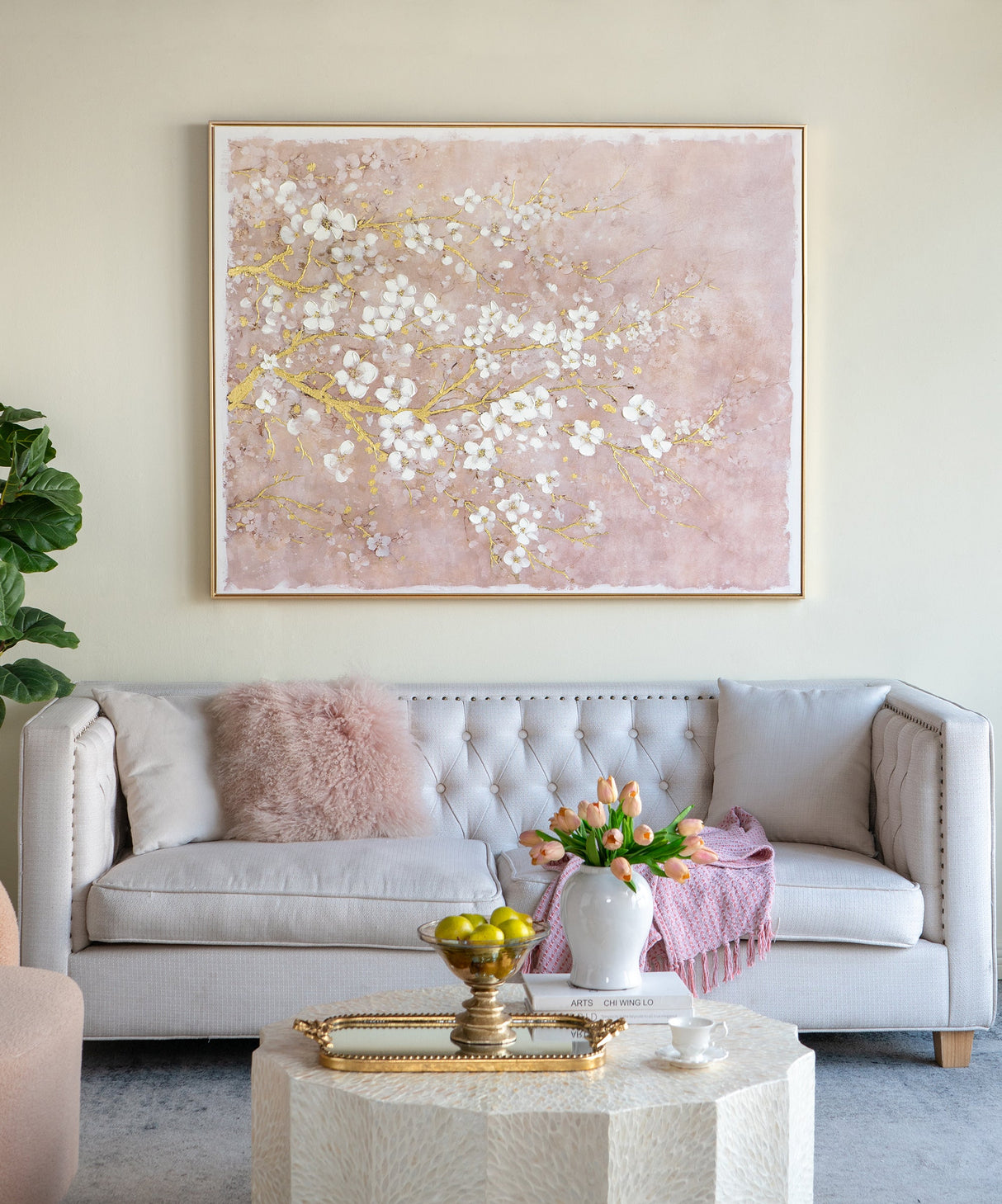 59.1x47.2 Hand-Painted Cherry Blossom Canvas Art with Blush Pink and White Finish
