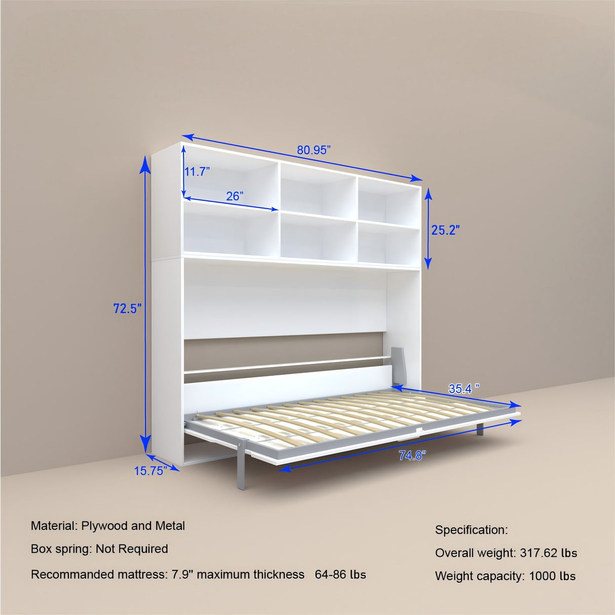 Mordern Design Twin Size Horizontal Murphy Bed With Shelf Storage For Bedroom Or Guestroom Wall Bed Space Saving Hidden Bed With New Style Gas Struts - White