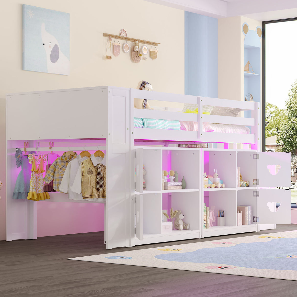 Loft Bed With Storage Cabinets, Staircase Drawers & LED Lights