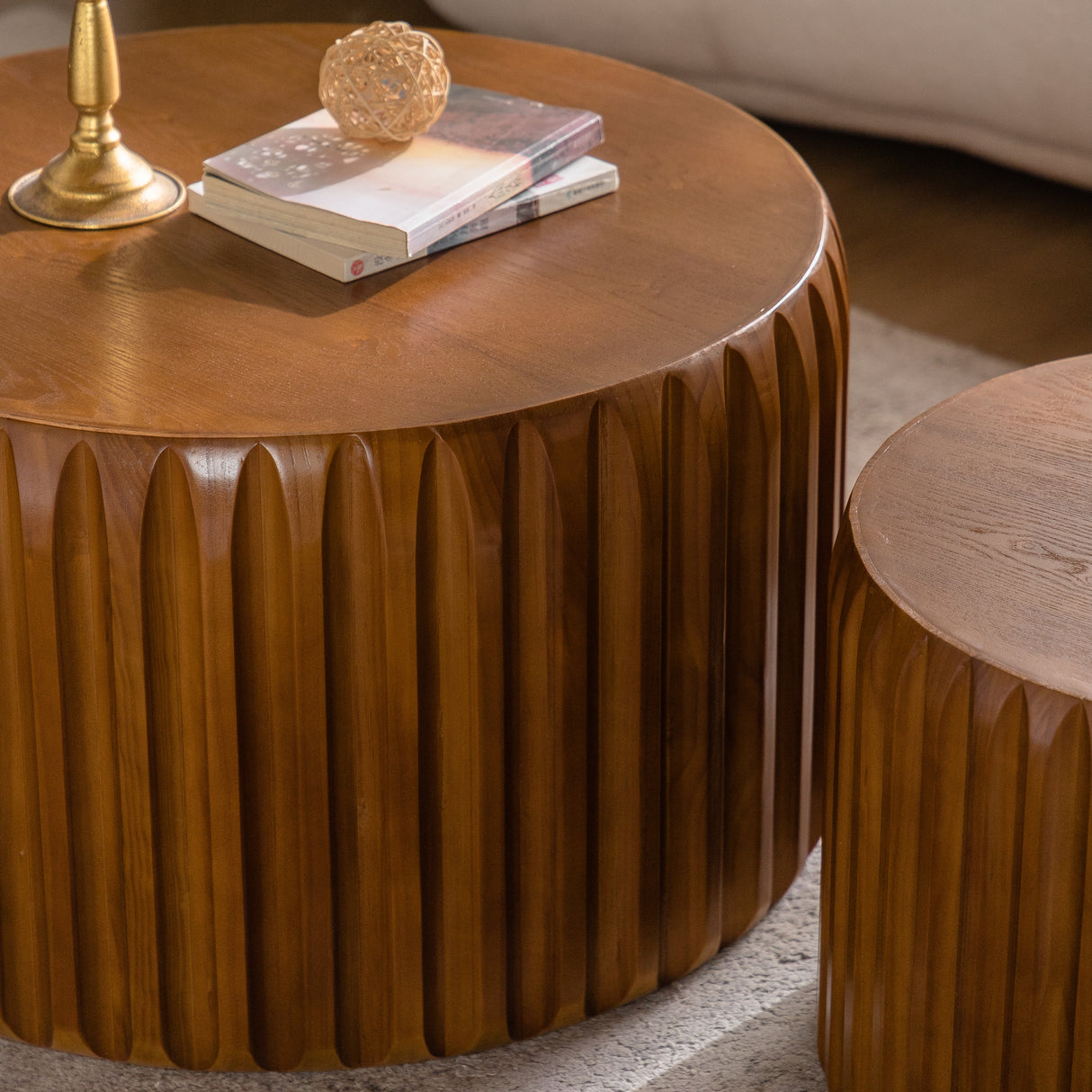Set of 2 Fluted Round Coffee Tables - Mid-Century Modern Wood