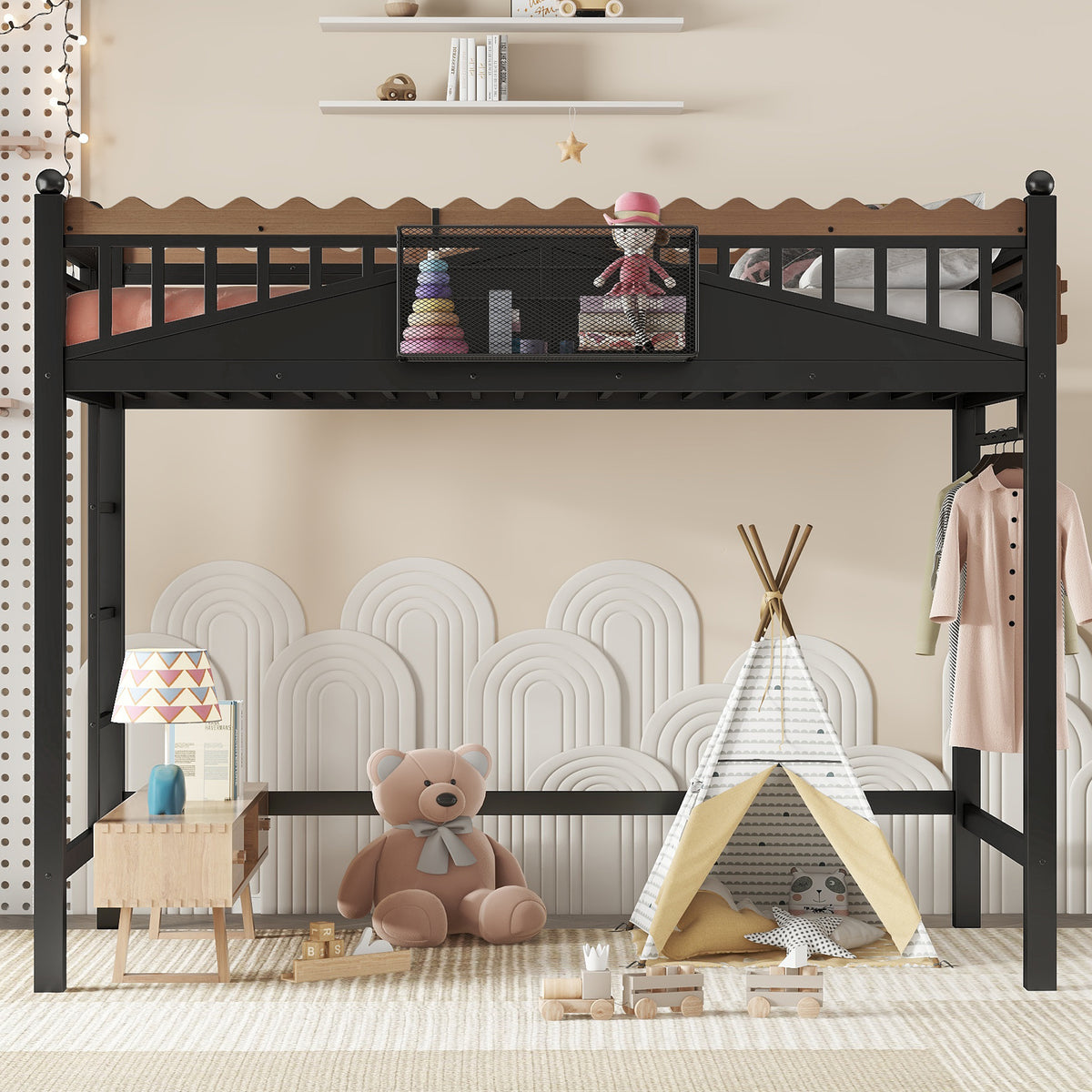 Twin XL Size Loft Bed with Ladders and Storage Shelves