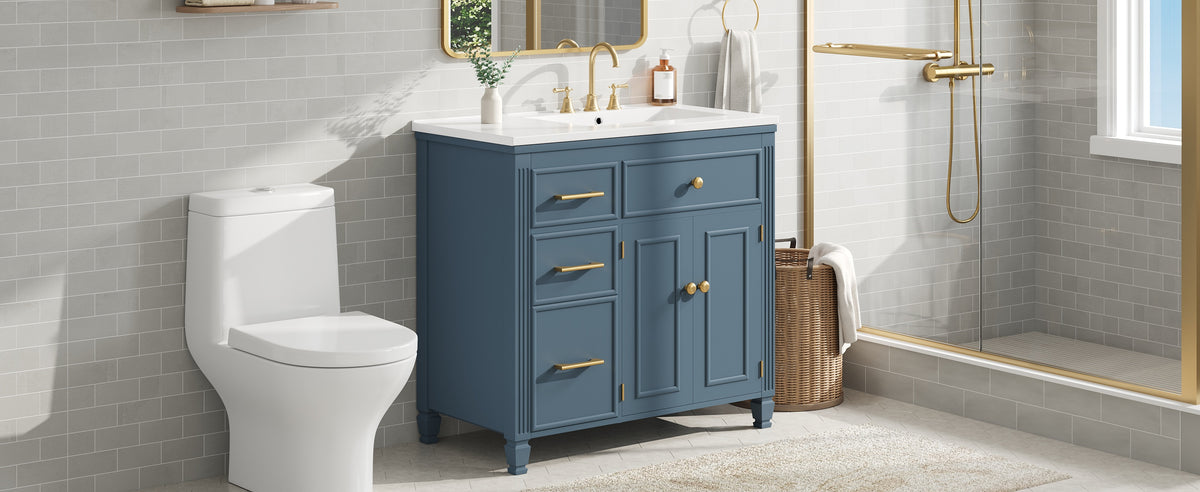 36" Bathroom Vanity with Sink, Ceramic Sink, One Tip-out Drawer, 3 Side Drawers, Adjustable Shelf