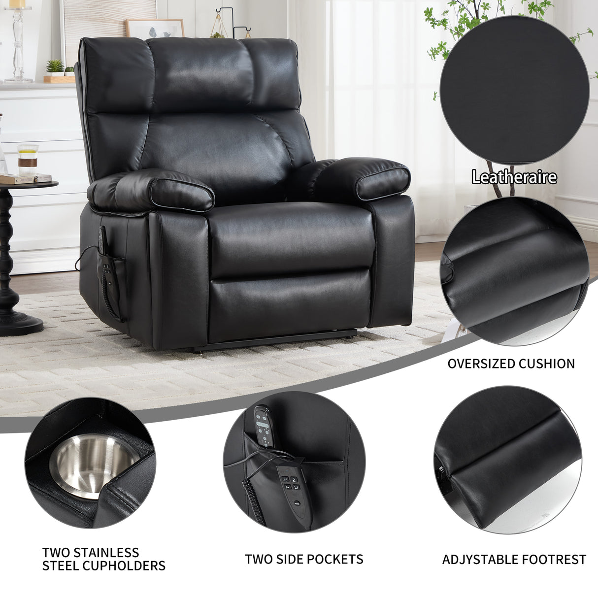 Black Leatheraire Heat Massage Recliner
