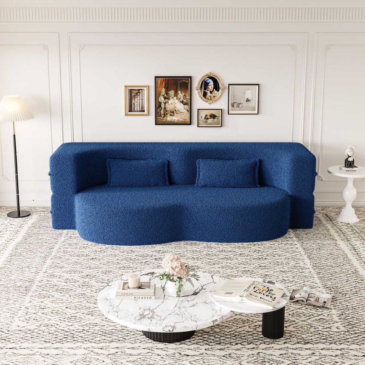 Modern Floor Sofa With 2 Pillows Convertible Teddy Fabric Foam Filled Bed