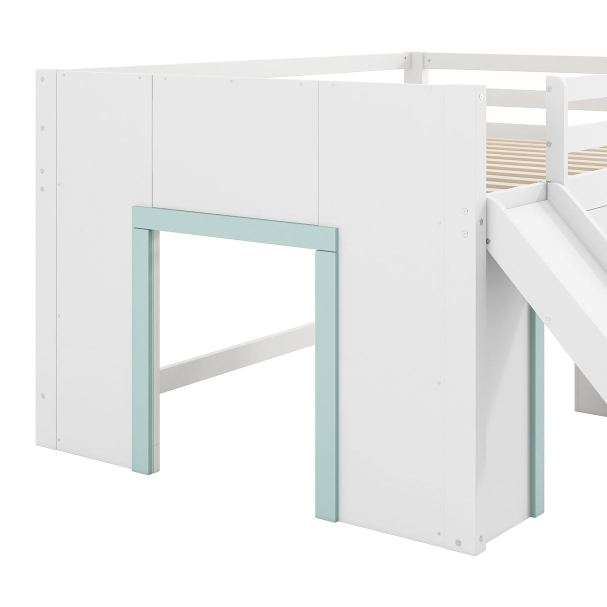 Modern Low Loft Bed With Slide, 3 Storage Drawers, And 2 Doors