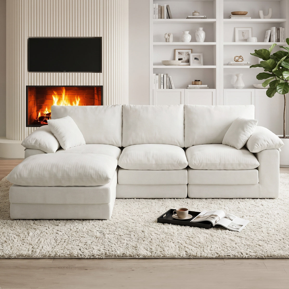 Modular U-Shape Sectional Sofa with Movable Ottoman, Chenille, Beige