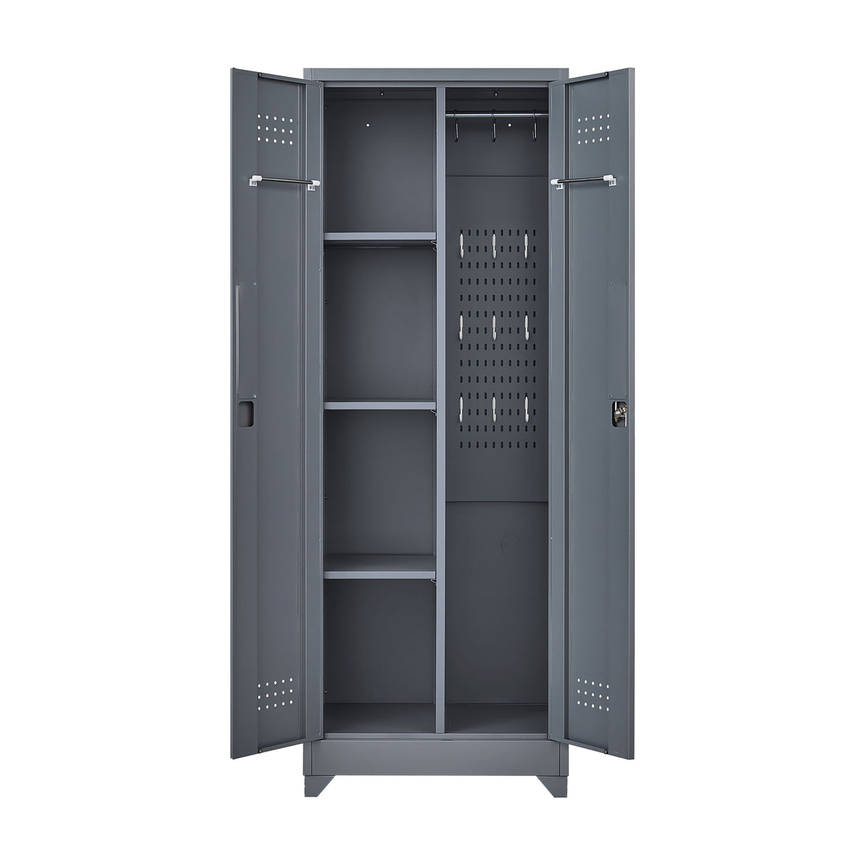 Heavy Duty Storage Cabinet With Locking Doors, Hanging Rod & Shelves, Broom Closet - Gray