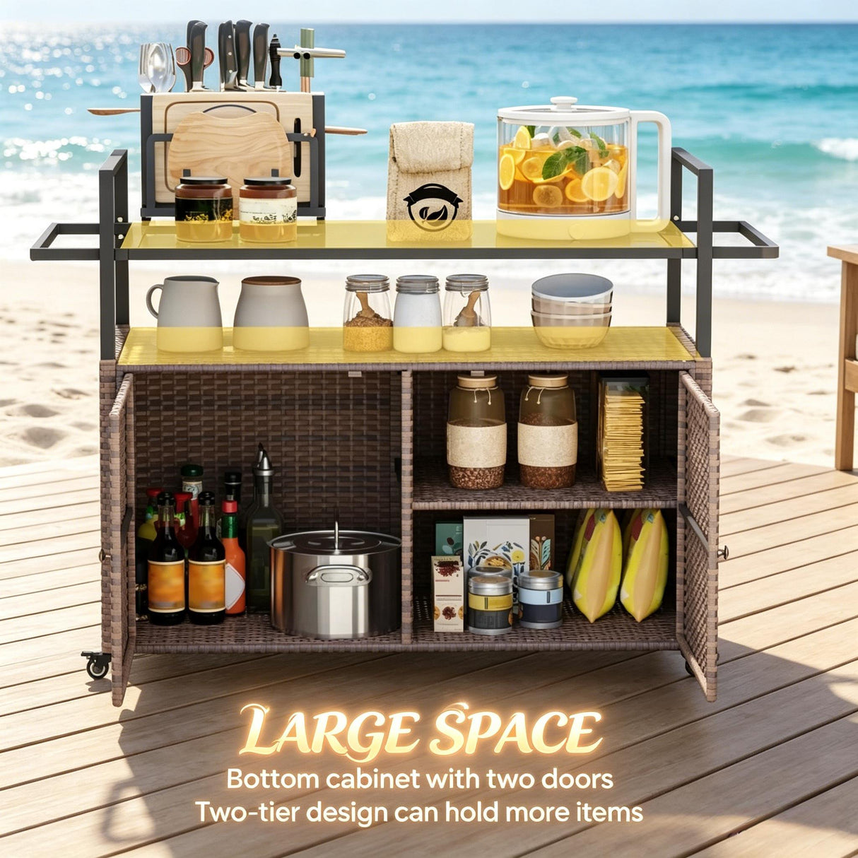 Rattan Storage Cart, Portable Outdoor Serving Cart, Garden Storage Organizer