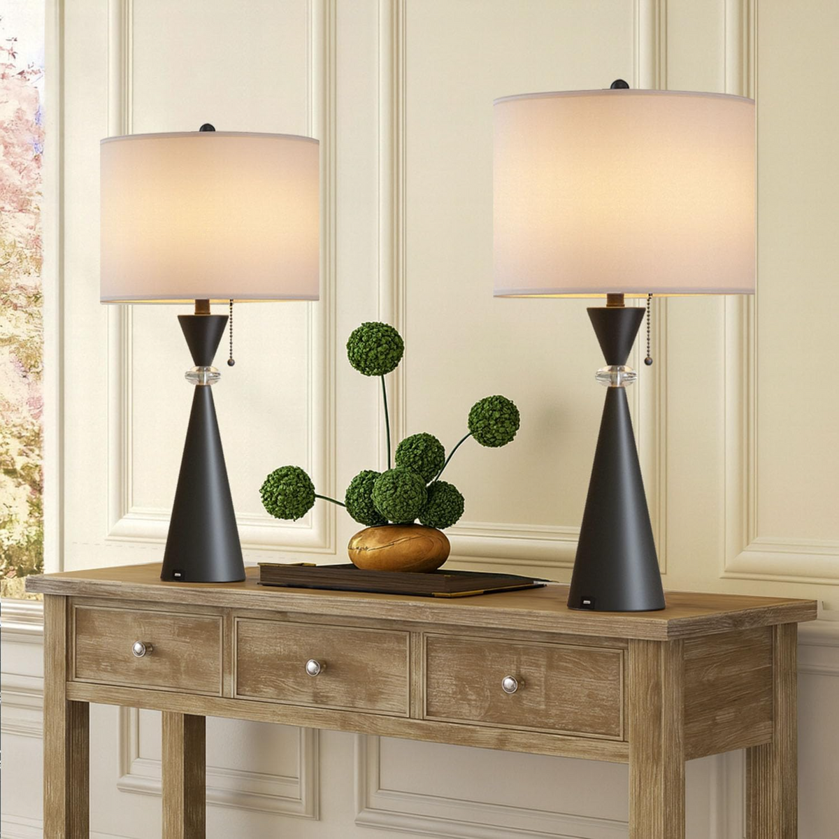 28-Inch Modern Table Lamps Set of 2, Bedside Lamps with USB Charging Ports, Black