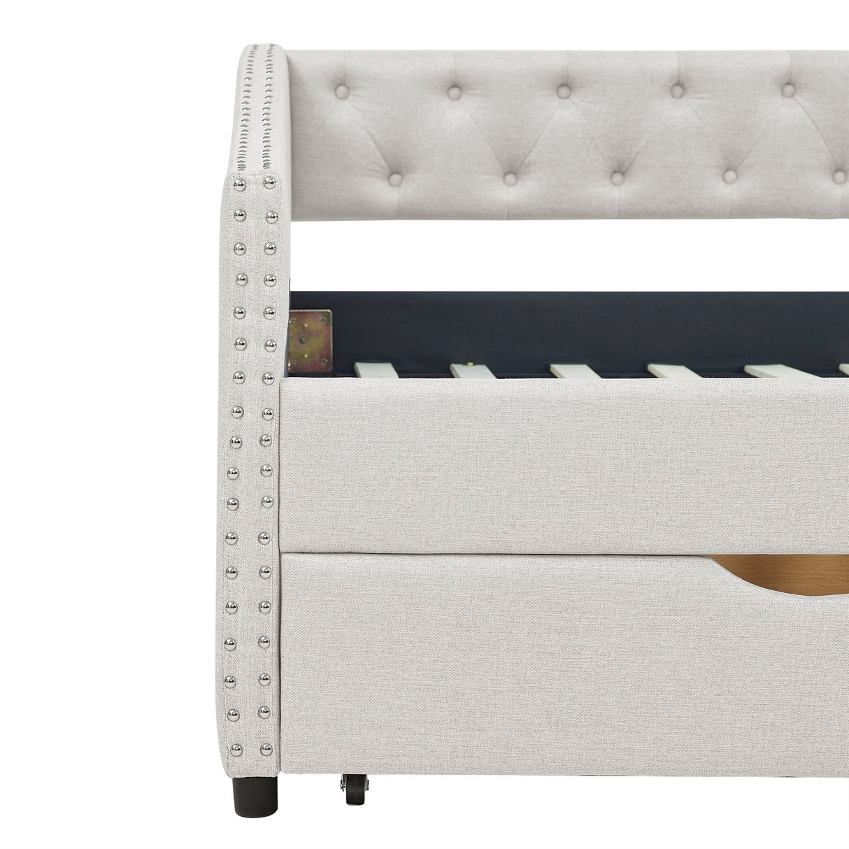 Upholstered Tufted Daybed With 2 Drawers, Waved Arms