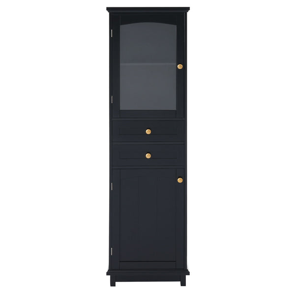 Tall Bathroom Storage Cabinet With Glass Doors, Free-Standing, Two Drawers, And Adjustable Shelves, Board, Painted Perfect For Displaying Your Favorite Items