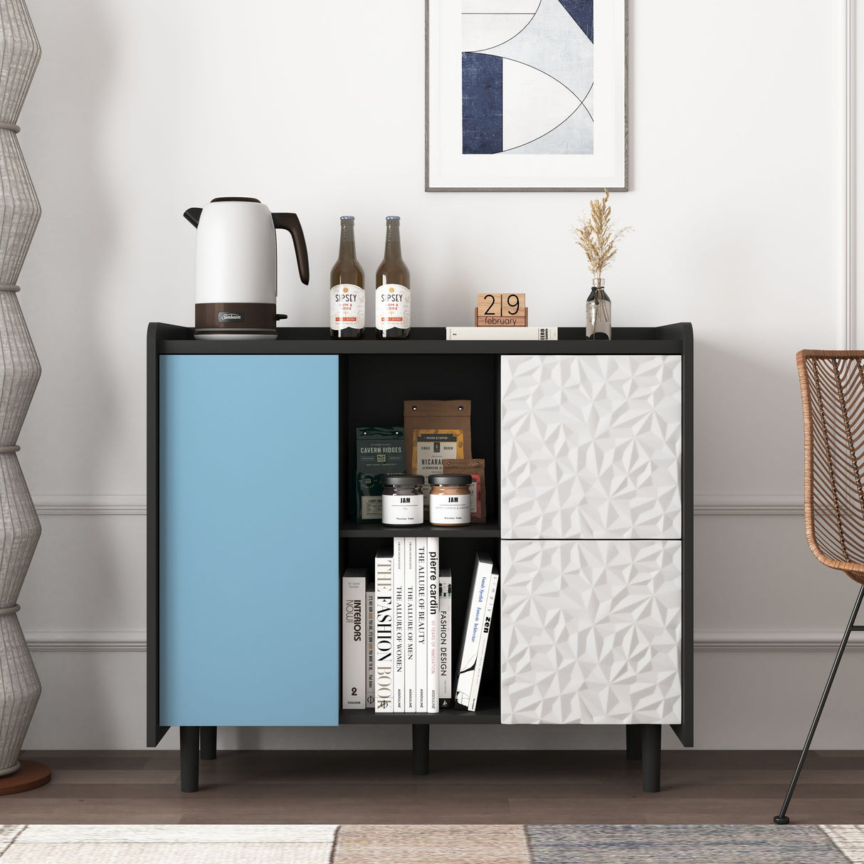 Modern Sideboard Buffet Cabinet With Doors And Unique Panel Styling
