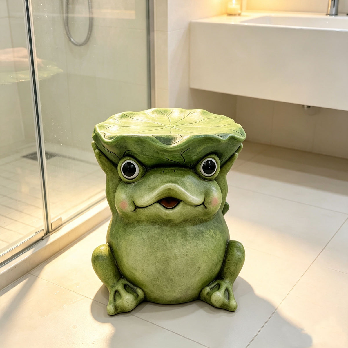 12'' Cute Frog Statue With Lotus Leaf Hat