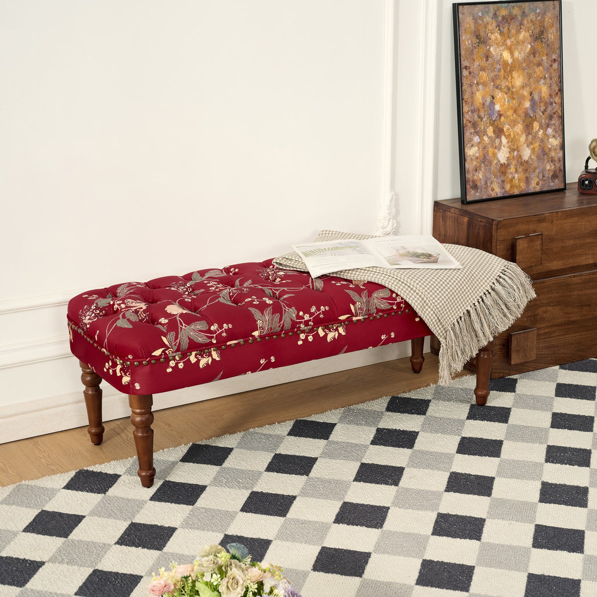 European Style Tufted Floral Bench