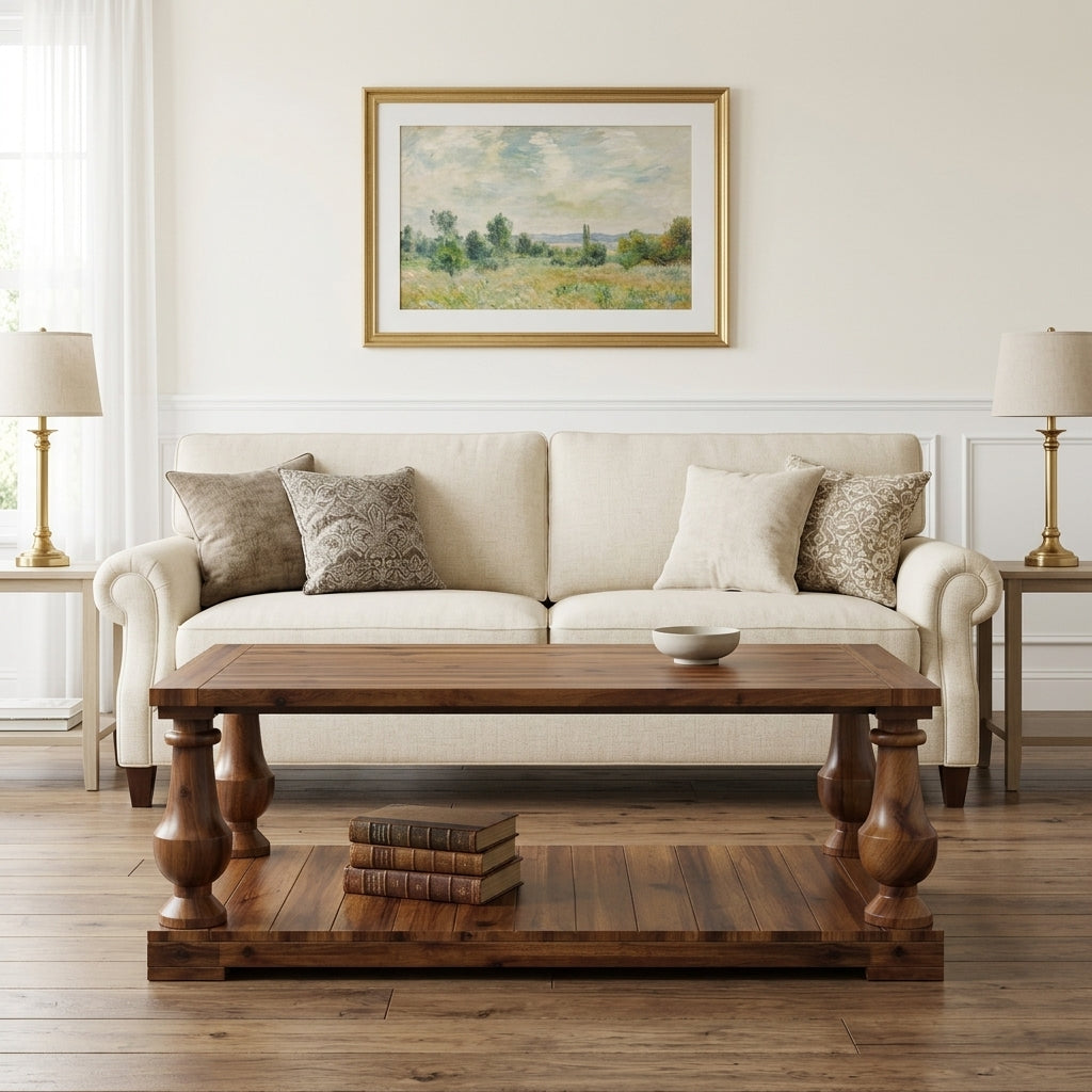 Farmhouse Coffee Table with Storage Shelf, Solid Pine Wood Turned Legs, Walnut