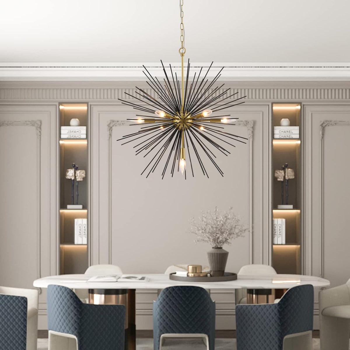 Sputnik Chandelier, 7-Light Satellite Pendant, 25.6 Inch, Gold and Black