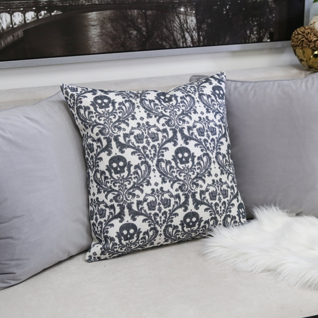 Baroque Skull Damask Accent Pillow – Black & White Day of the Dead Accent Cushion