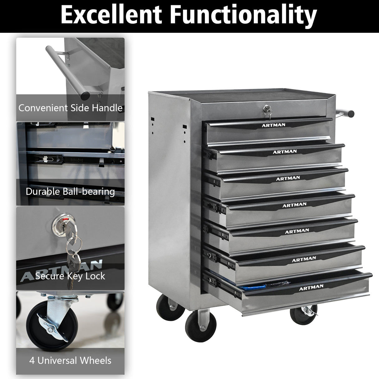Rolling Metal Tool Chest with 7 Drawers, 20" Cabinet Silver