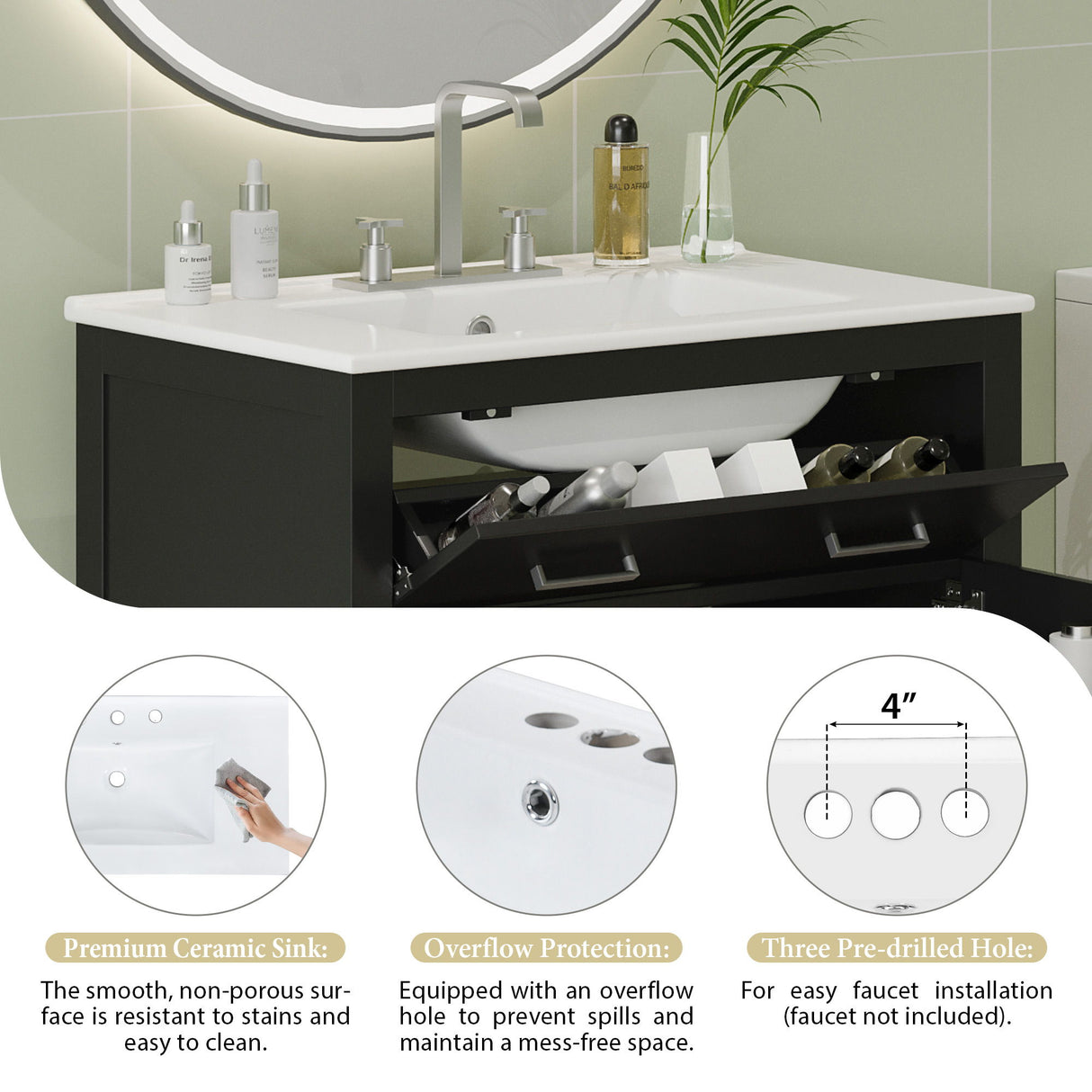 Bathroom Vanity With Ceramic Sink, Modern Single Bathroom Cabinet With 2 Doors And A Shelf, Soft Close Doors