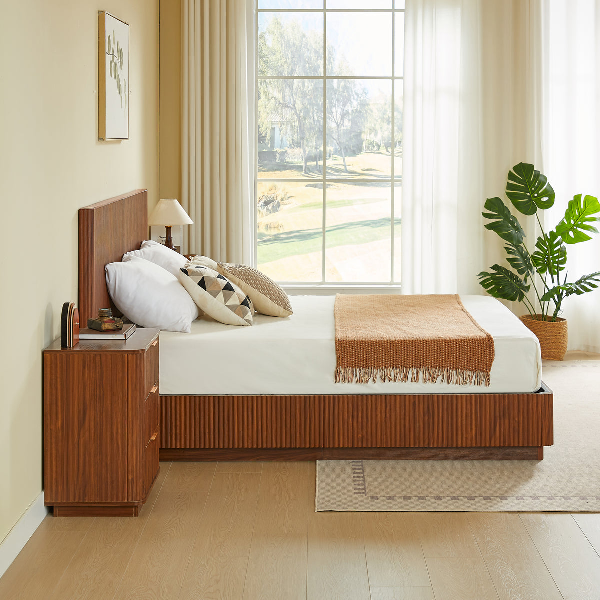 King Size Bed Frame with LED Lights in Walnut
