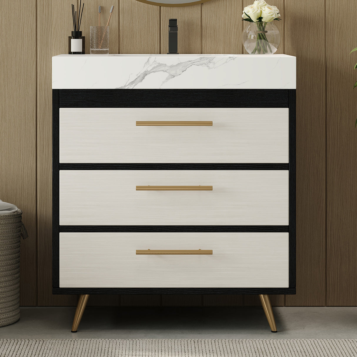 Modern Free-Standing Bathroom Vanity with Ceramic Vessel Sink & Durable Sintered Stone Top