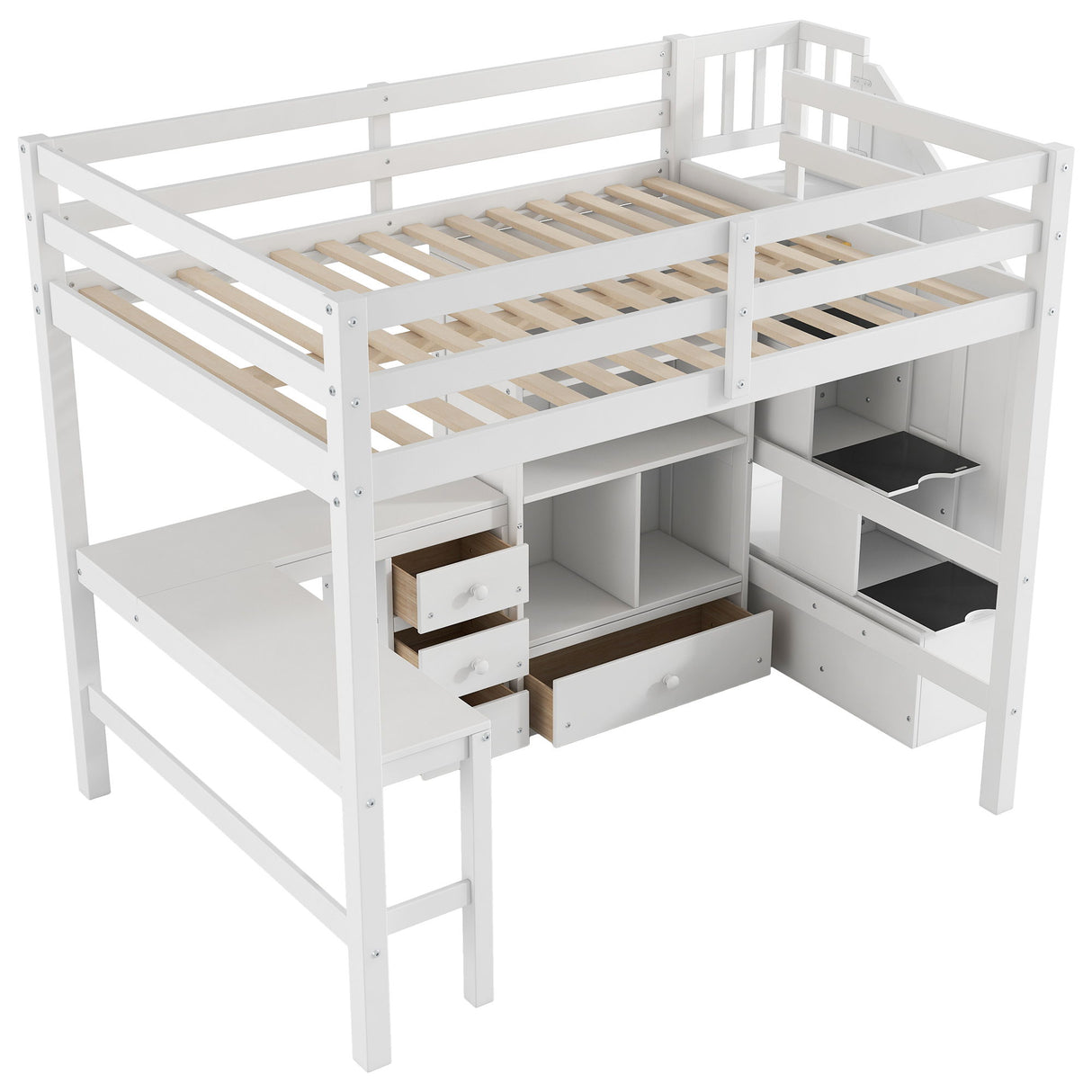 Loft Bed & L Shaped Desk, Drawers, Cabinet, And Storage Staircase