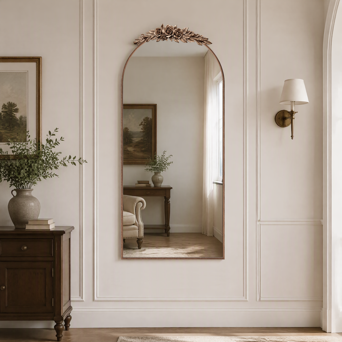 70.87-Inch Arched Wall Mirror, Vintage Gold with Floral Ornament