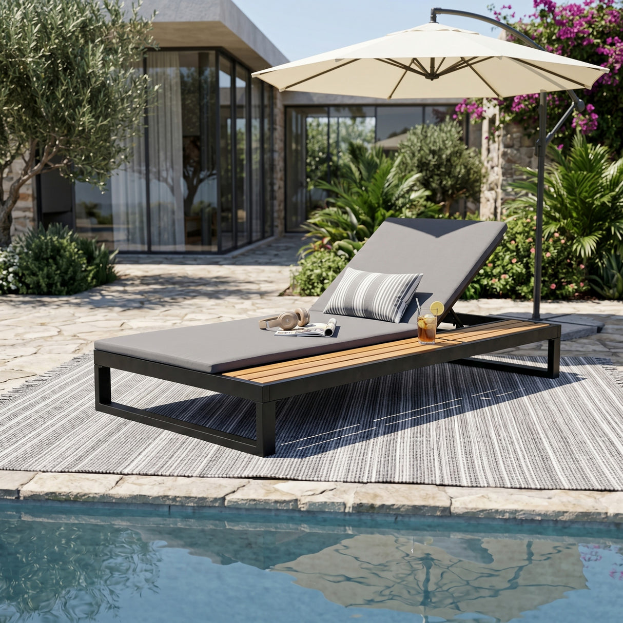 Black Iron & Teak Finish Chaise Lounge Set