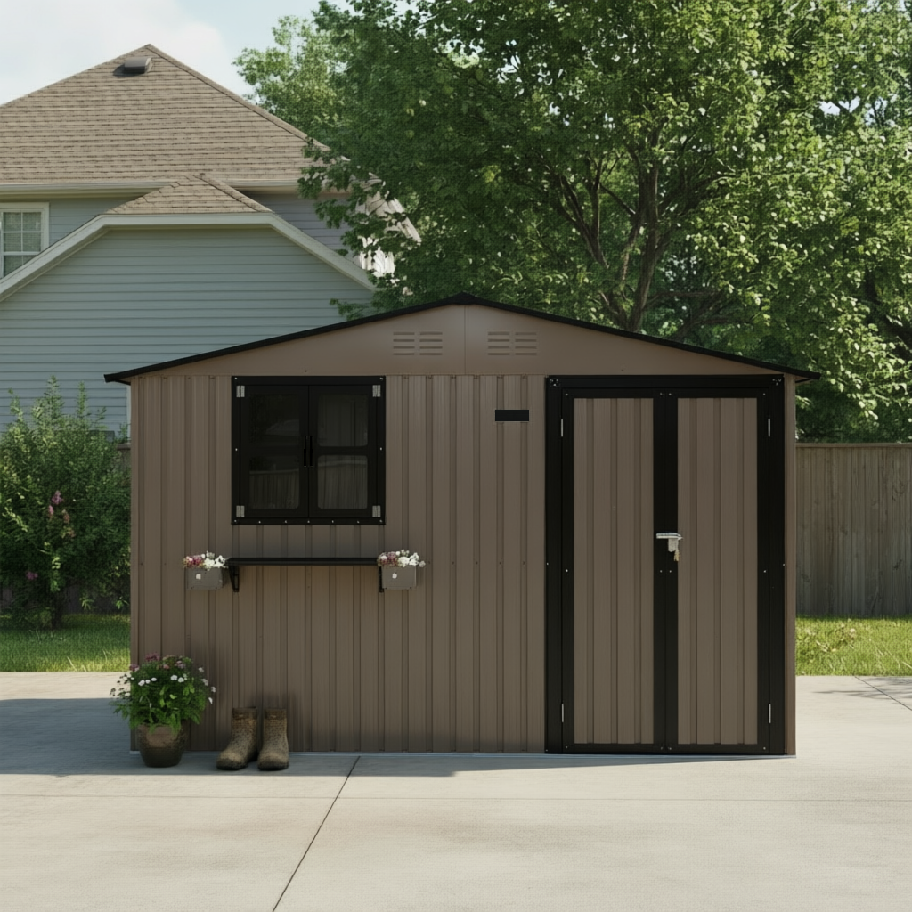 10x8 Ft Outdoor Metal Storage Shed with Window & Flower Rack