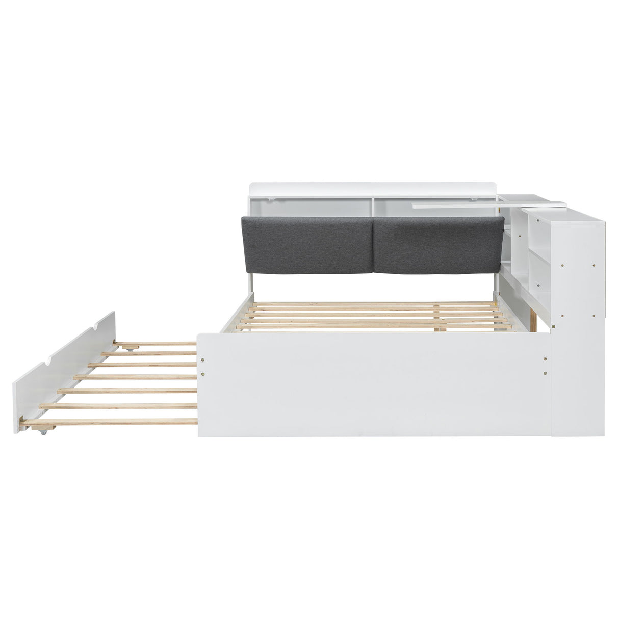 Platform Bed With Trundle, Shelves, And Storage Headboard