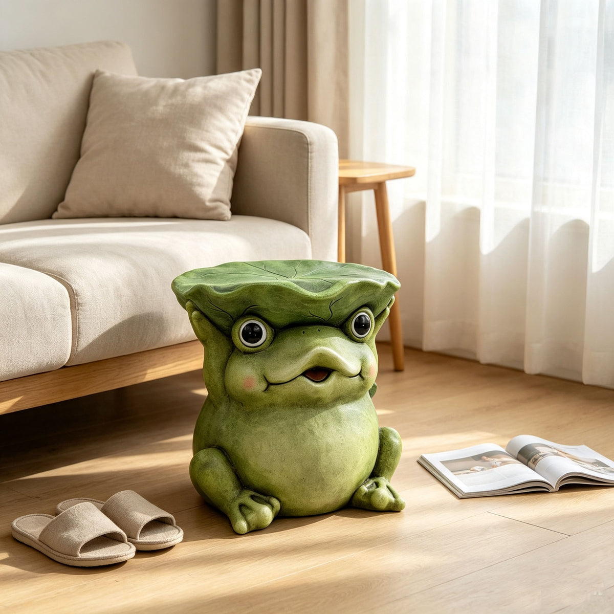 12'' Cute Frog Statue With Lotus Leaf Hat