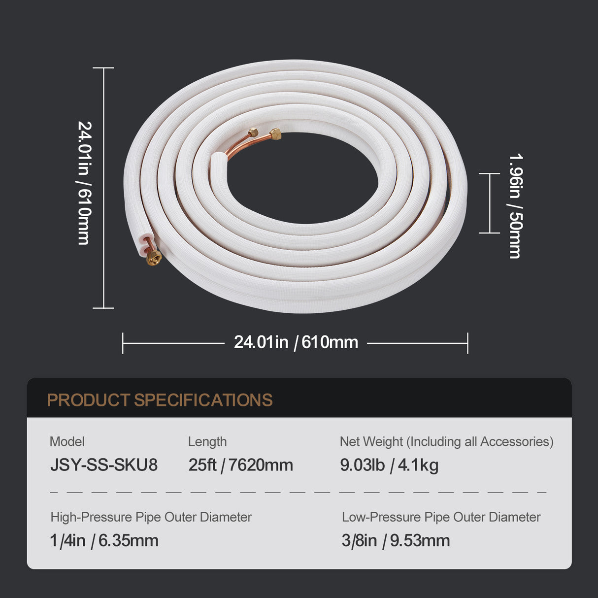 25FT Mini Split Line Set, 1/4" & 3/8" O.D