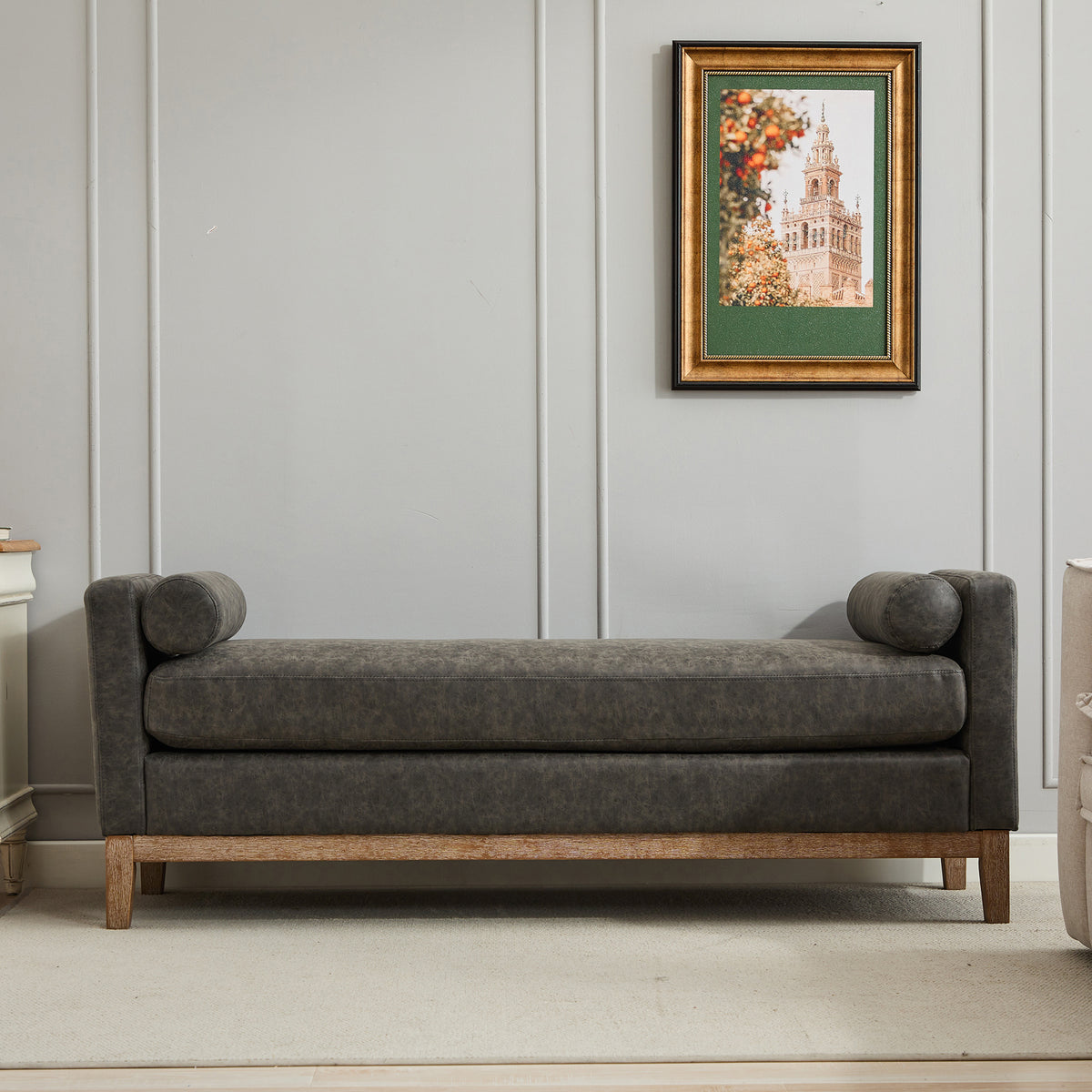 65.5"W Upholstered End of Bed Bench with Weathered Finish