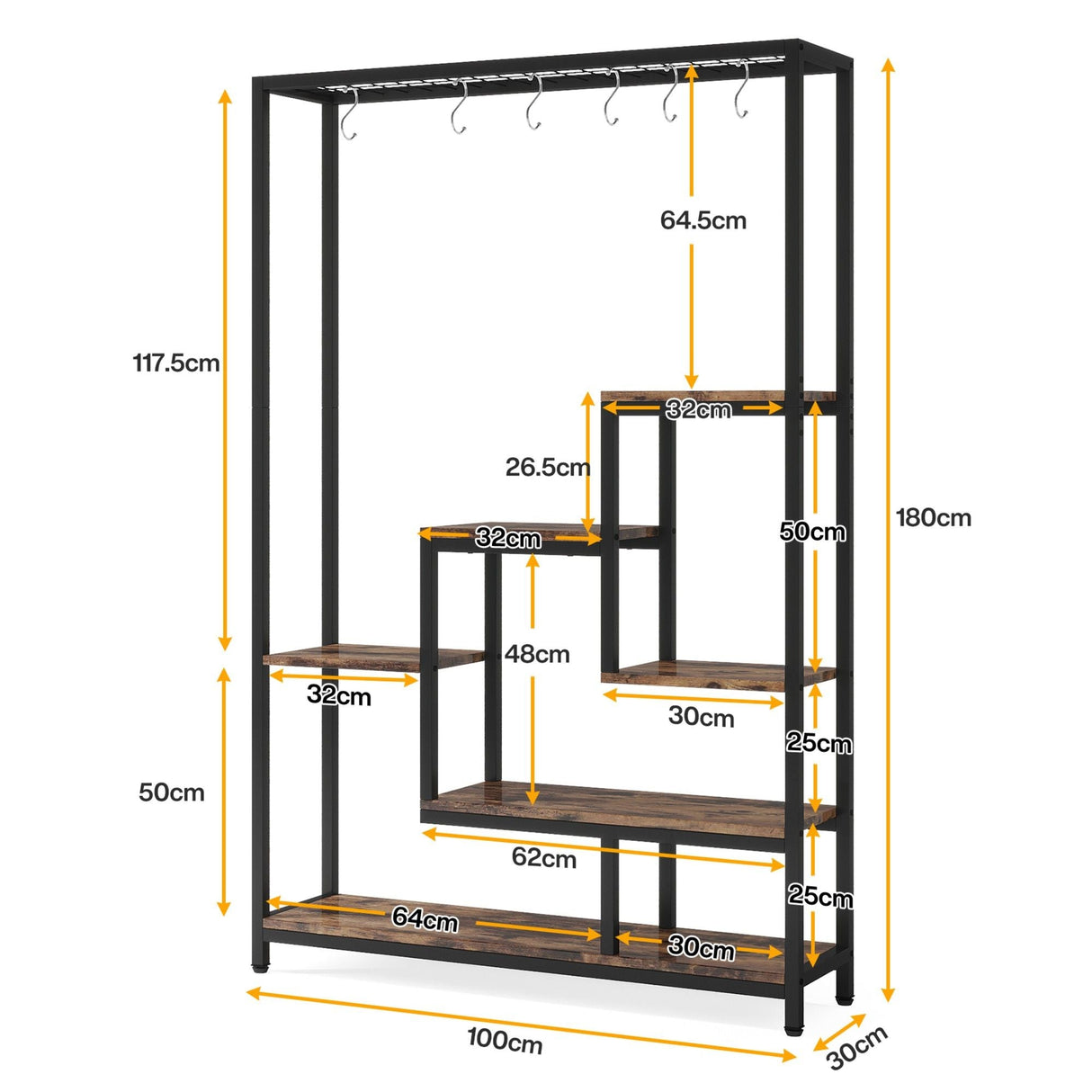 5 Tier Plant Stand with 6 Hooks for Living Room - Brown / Black