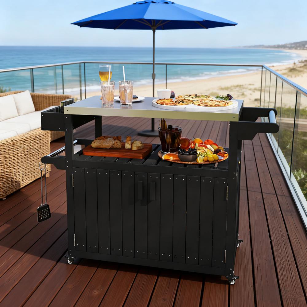 Outdoor Bar Cart with Storage and Stainless Steel Top