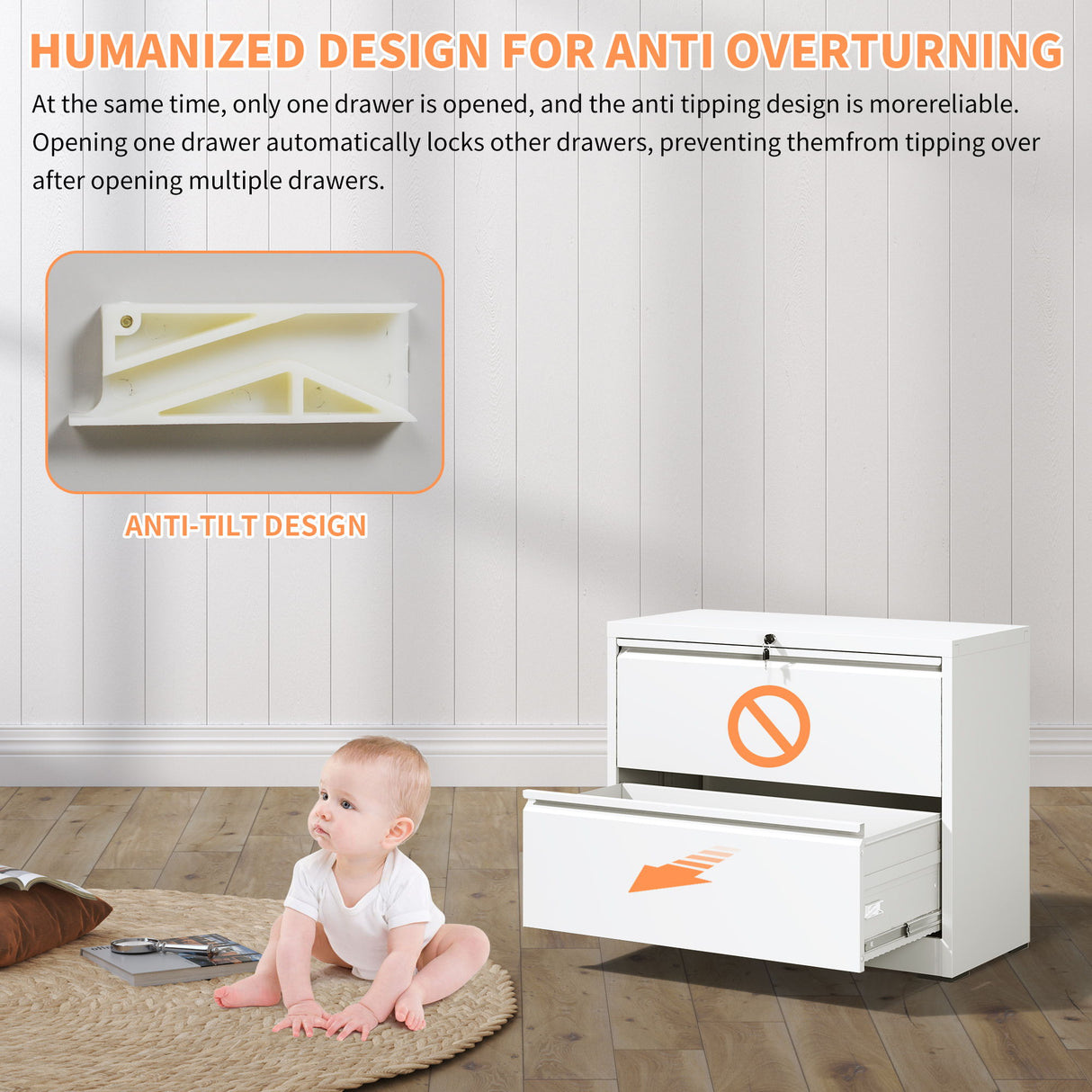 Lateral File Cabinet 2 Drawer, Locking File Cabinet With Anti Tip Interlock, Heavy Duty Storage For Letter / Legal / A4 Files - White