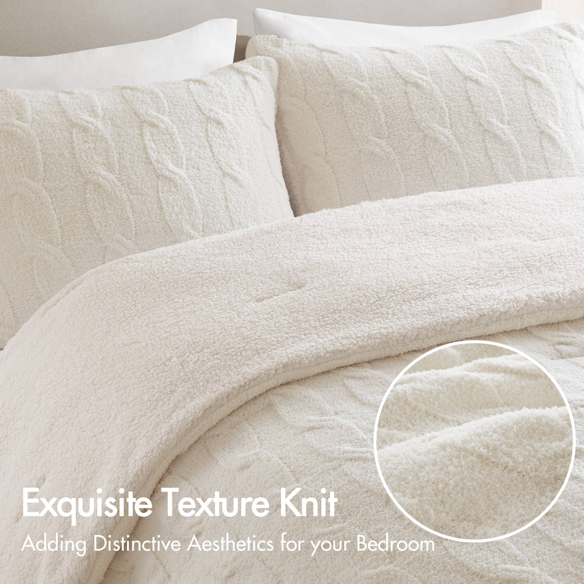 Twin Cable Knit Chenille Comforter Set with Sham - Ivory