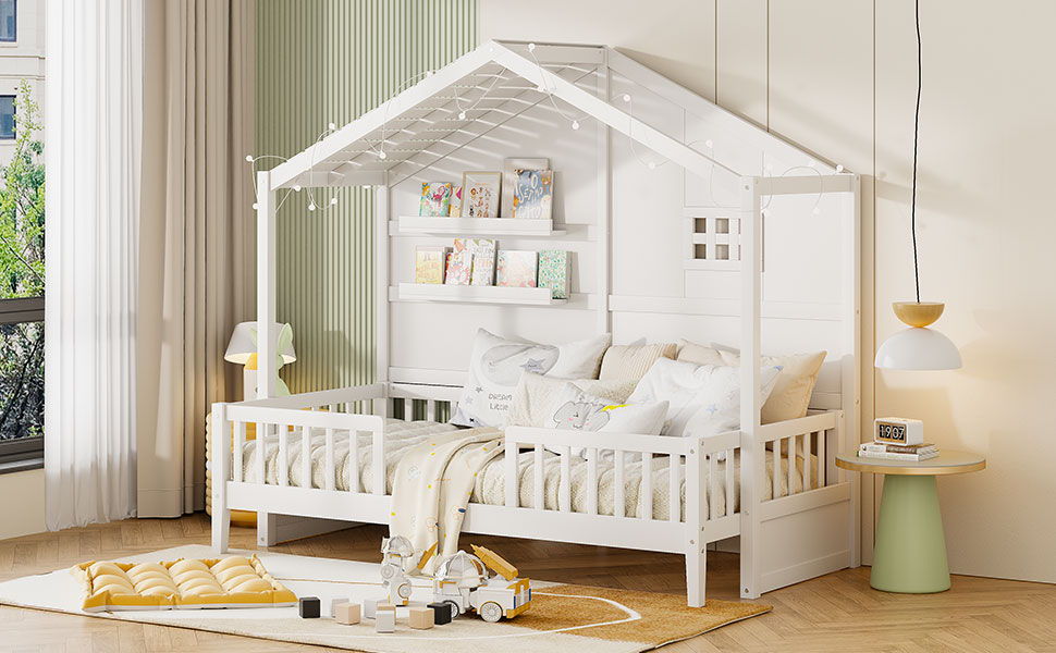 House Bed With Shelves, Window And Sparkling Light Strip On The Roof