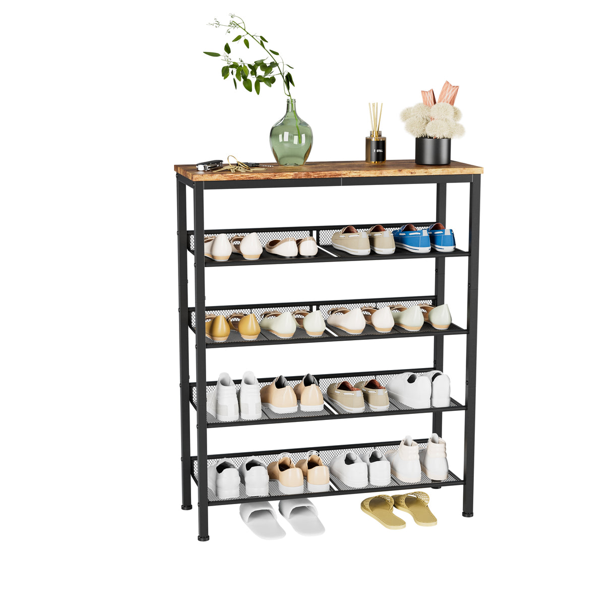 Industrial Shoe Rack with 4 Mesh Shelves