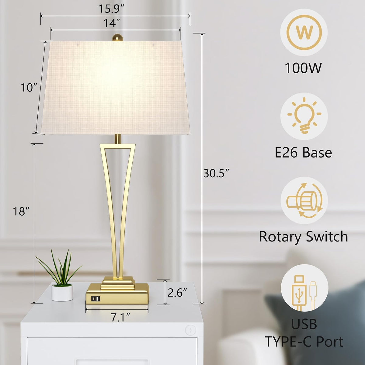 Gold Table Lamps Set of 2, 30.5-Inch Tall with USB Charging Ports