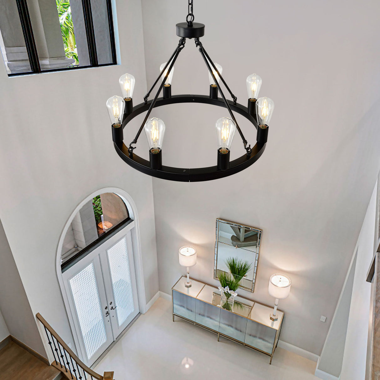 6 Light (No Bulbs) Wagon Wheel Chandelier Farmhouse Modern Small Round Chandelier For Living Room Kitchen Island Foyer Hallway Entryway Bedroom Dining Room Light Fixture Ceiling Hanging - Matte Black
