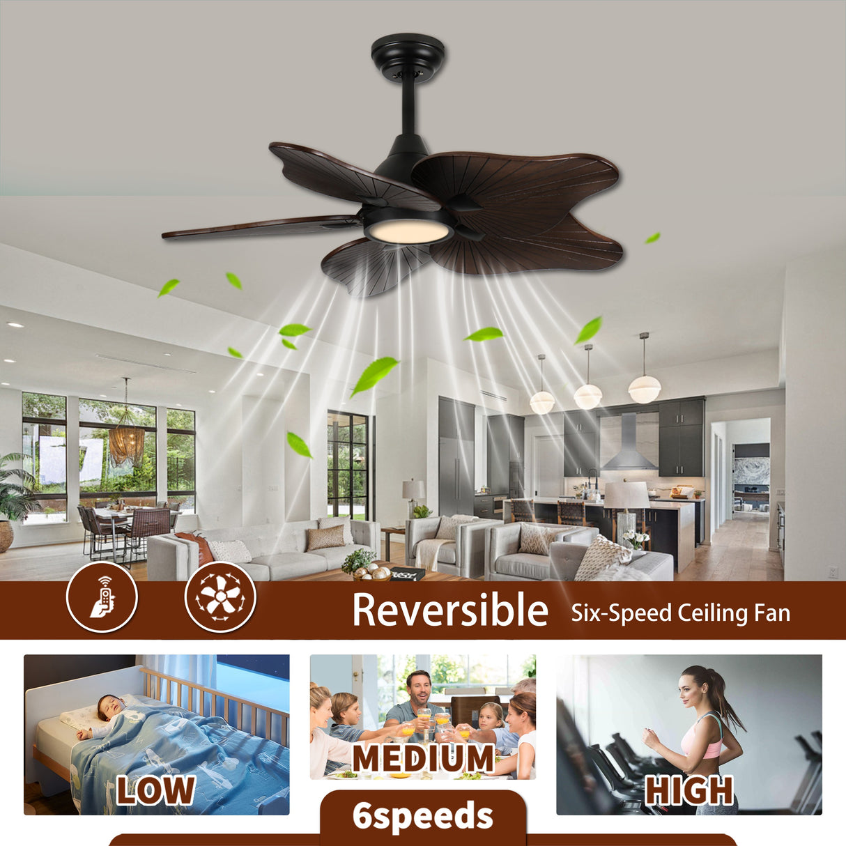 44-Inch Ceiling Fan with Light, 5 Solid Wood Blades, DC Motor