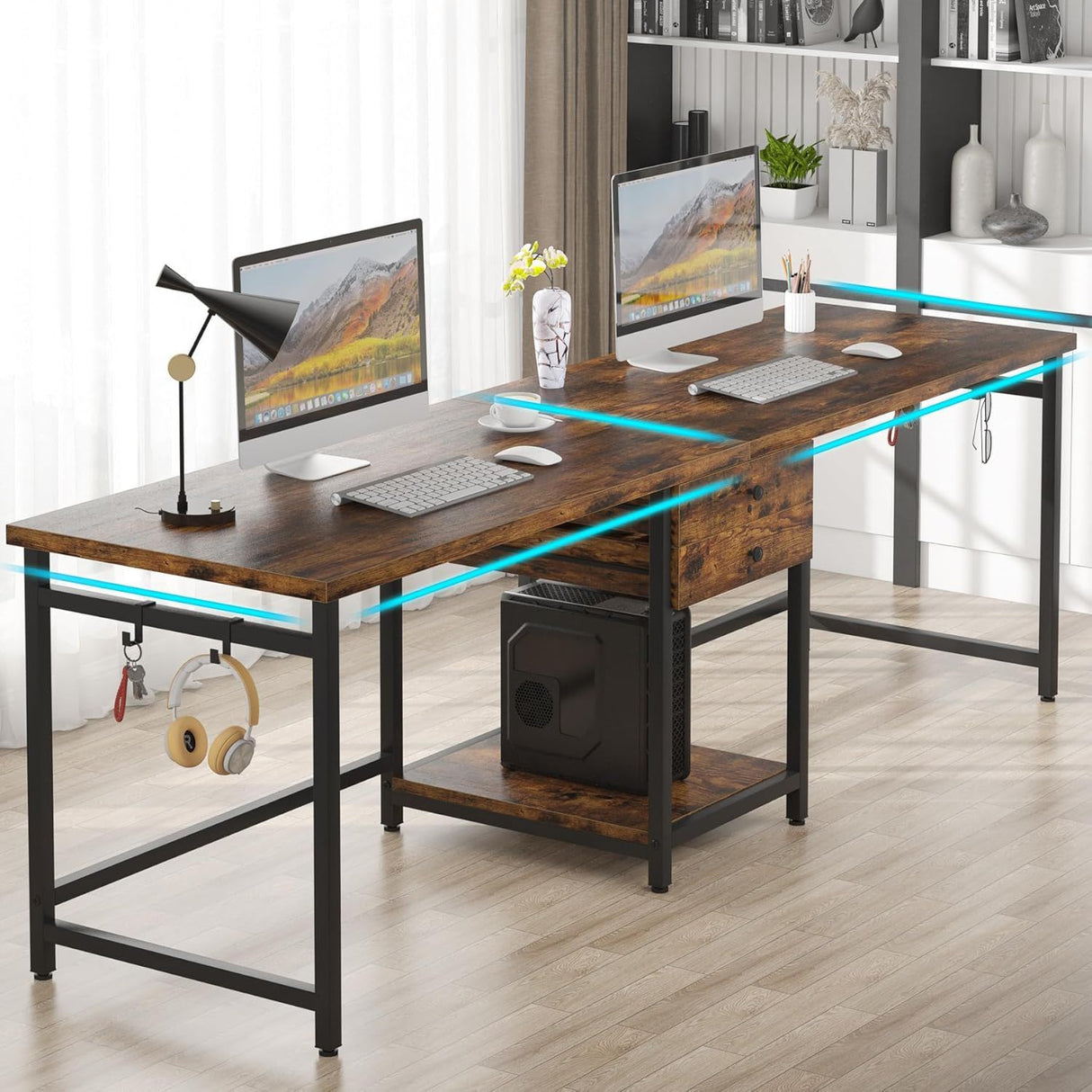 2 Person Computer Desk With Drawers And Shelves, Extra Long Double Workstation
