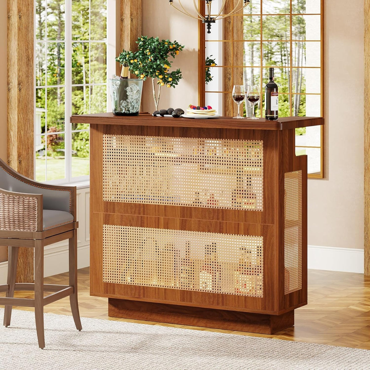 47.24 Inches Farmhouse Rattan Bar Unit