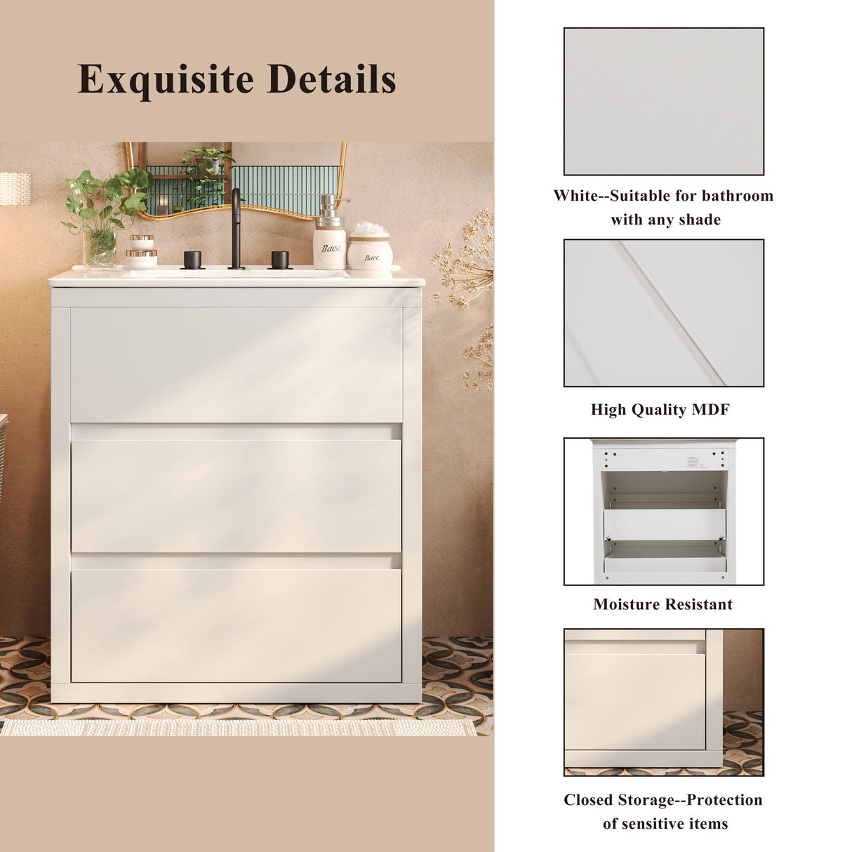 Freestanding Bathroom Vanity With Ceramic Sink, 2 Full Extension Drawers
