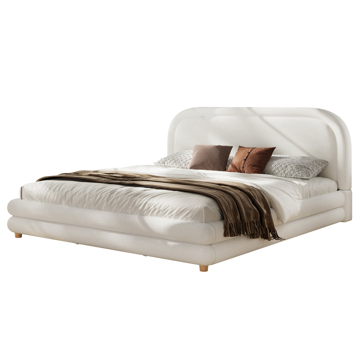 King Size Bed Frame With Boucle Upholstered Thick Curved Headboard, Solid Wood Legs